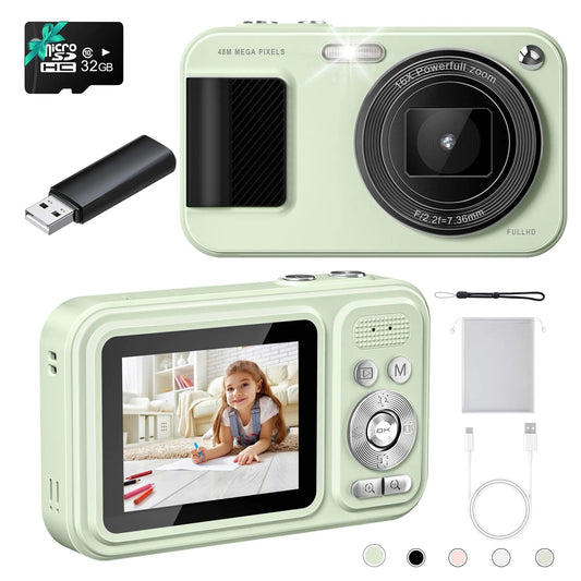 Digital Camera Student Cameras with 32GB Card. Autofocus 48MP Point and Shoot Digital Cameras 16X Zoom Anti - Shake Vlogging Camera Compact Small Cameras for Boys Girls Teenagers - Kilohuas